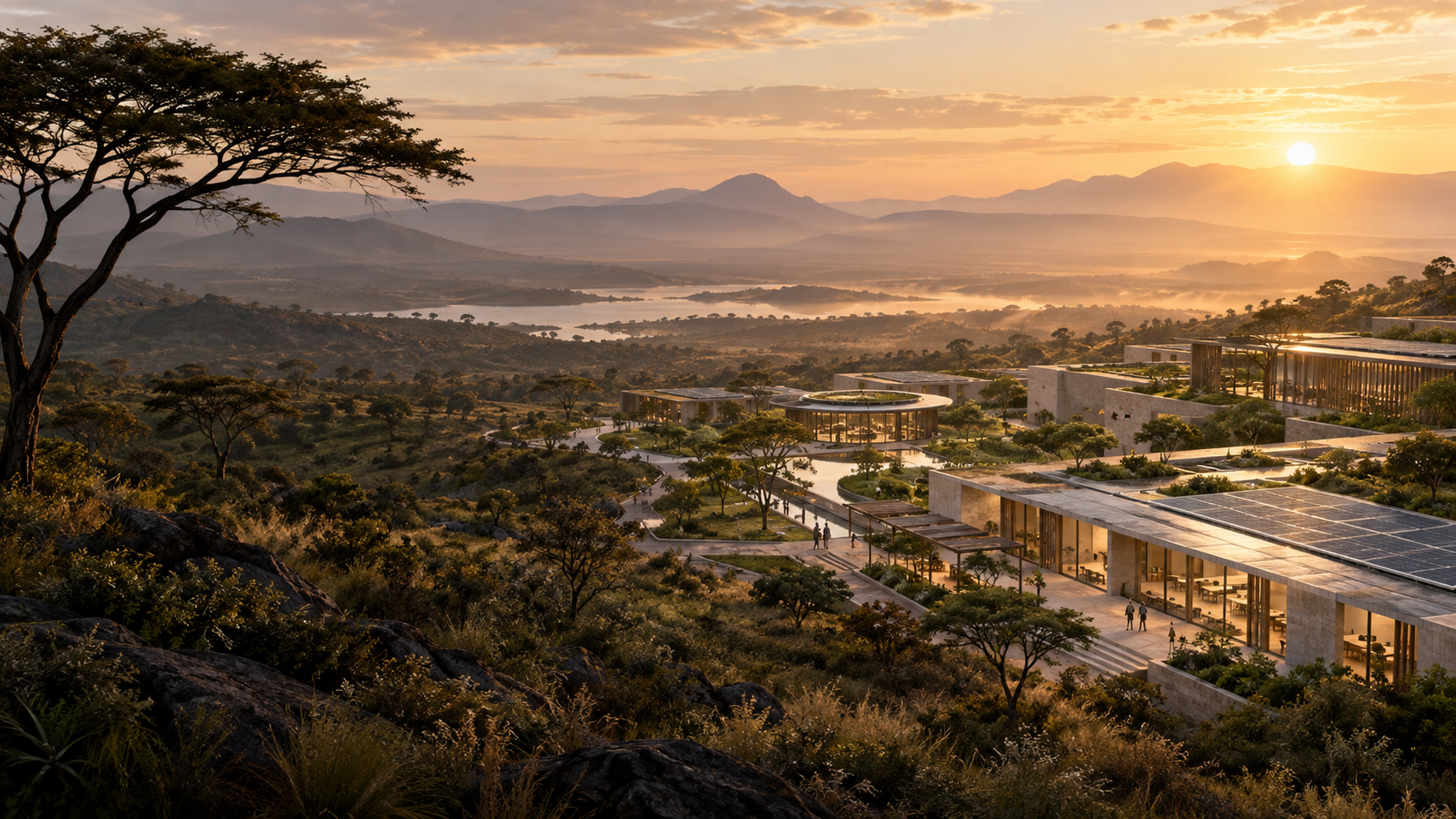 Architectural concept of a low-rise campus with solar rooftops and landscaped courtyards in a highland setting.